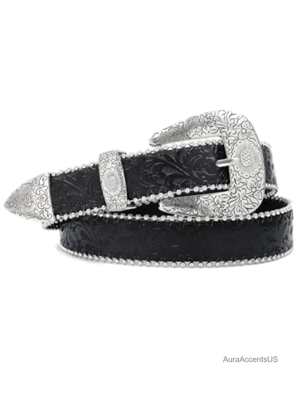 Western Belt for Women Floral Tooled Vegan Leather with Silver Buckle